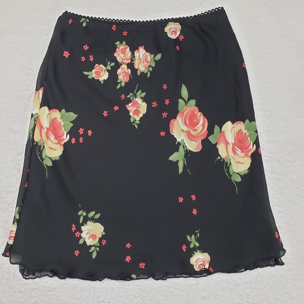 Heart and Soul Vintage Rose Print Mesh Midi Skirt Women Large Black Y2K